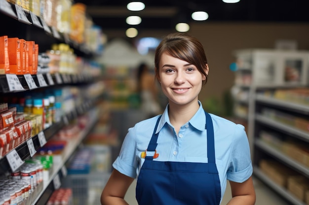 Une jeune travailleuse de supermarché souriante qui regarde la caméra.