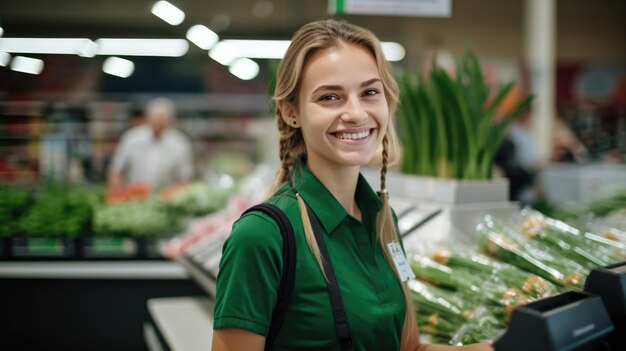 Photo une jeune vendeuse attrayante et heureuse, caissière au service des clients au supermarché.