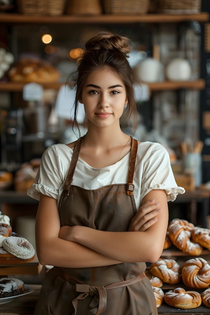 Une jeune vendeuse dans une boulangerie avec les bras croisés et les étagères derrière elle.