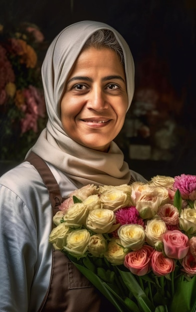 Jeune vendeuse de fleurs avec des bouquets de fleurs multicolores