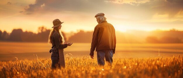 Le jeune et le vieil fermier bavardent sur le champ au coucher du soleil.