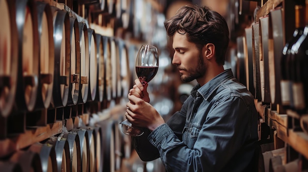 Photo un jeune vigneron confiant examine la couleur et la clarté du vin rouge dans un verre alors qu'il se tient dans une cave à vin
