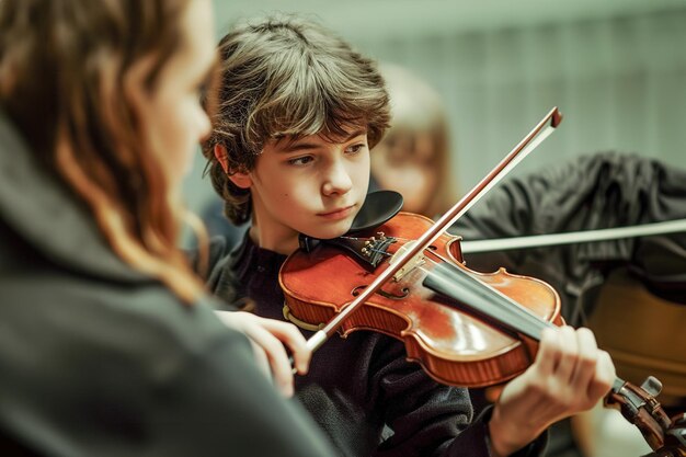 Un jeune violoniste se concentre intensément sur l'arc en main tandis qu'un instructeur offre des conseils sur la technique