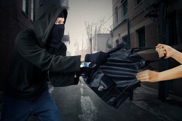 Photo un jeune voleur vole le sac d'une femme.