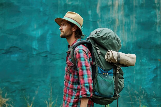 Jeune voyageur actif en randonnée avec un sac à dos sur fond vert