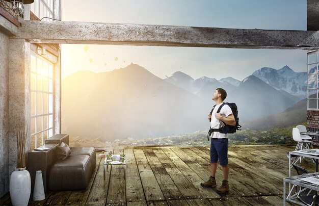 Jeune voyageur explorant le concept du monde. Technique mixte