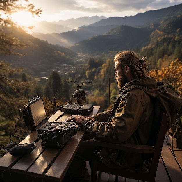 Photo jeune voyageur indépendant appréciant la vue sur les montagnes