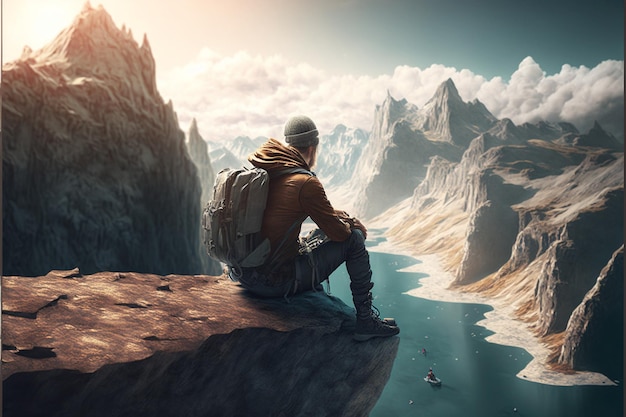 Le jeune voyageur s'assied sur une roche qui surplombe l'abîme avec un beau paysage