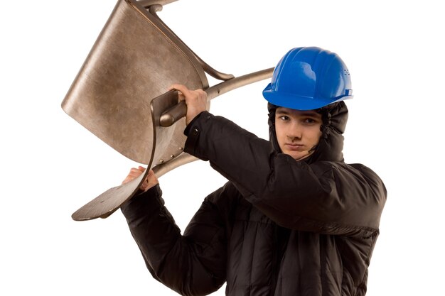 Photo jeune voyou belliqueux dans un sweat à capuche et un casque