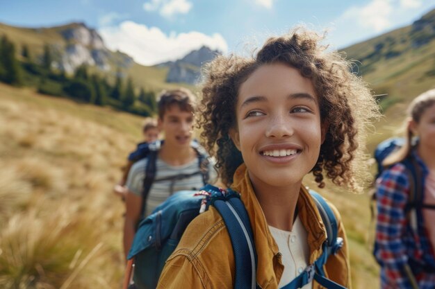 Des jeunes actifs, des adolescents en randonnée dans les montagnes.
