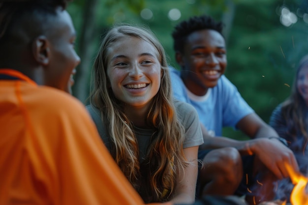 Des jeunes adolescents actifs près d'un feu de camp, un camp d'été.