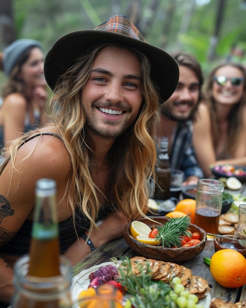 Photo des jeunes adultes assis autour d'une table de pique-nique