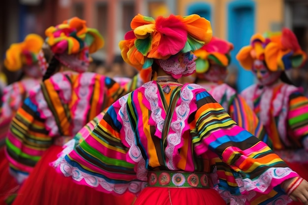 Jeunes adultes dansant en plein air profitant d'un festival traditionnel portant des costumes colorés ai générative