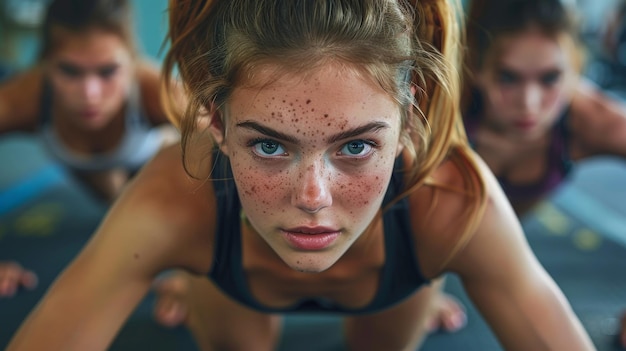 Jeunes adultes engagés dans une séance de push-up de groupe au gymnase Fit Generative AI