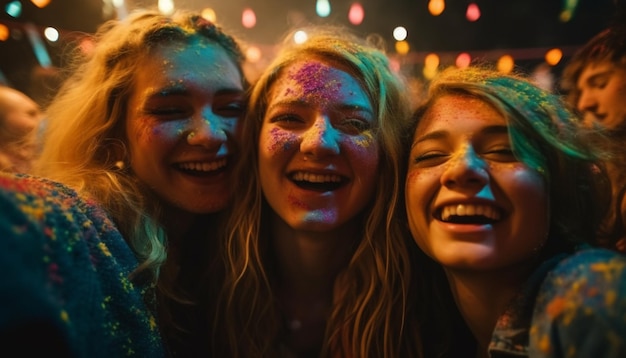 Les jeunes adultes profitent ensemble d'un festival de musique coloré généré par l'IA