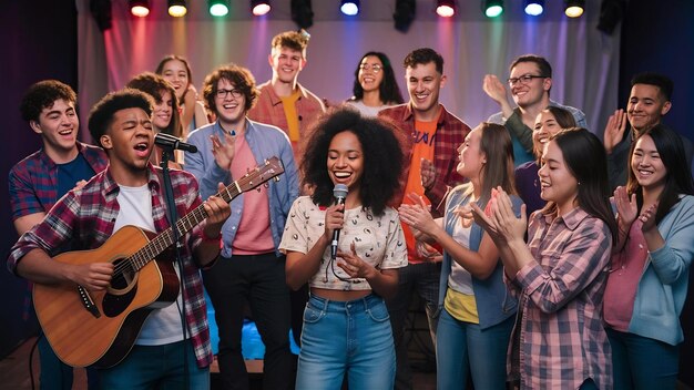 Photo des jeunes adultes qui s'amusent au micro.