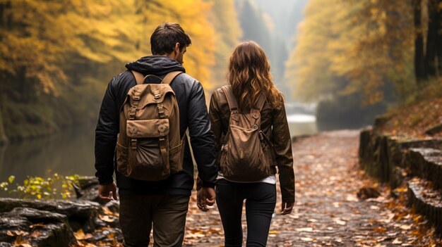 Jeunes adultes en randonnée dans la forêt d'automne sereine