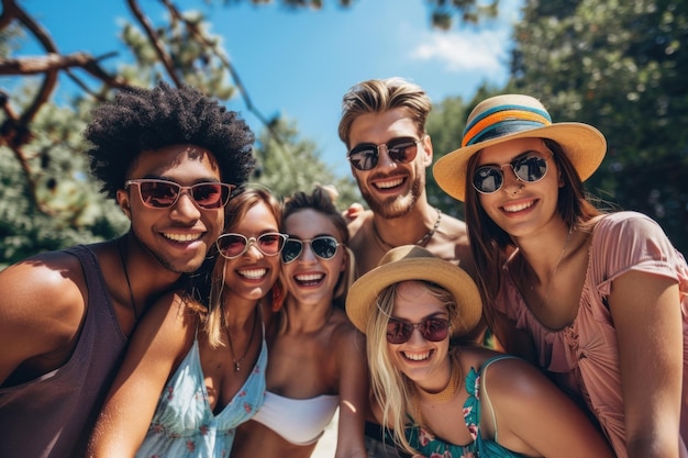 Photo des jeunes adultes vêtus d'été se lient joyeusement sous un ciel dégagé.