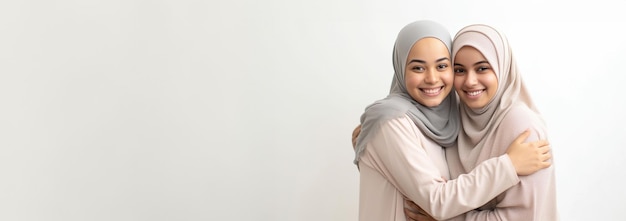 De jeunes amies islamiques s'embrassent et s'étreignent en portant le hijab isolées sur un fond blanc