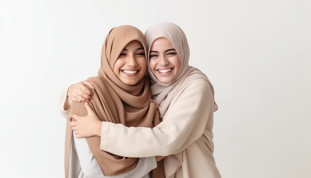 De jeunes amies islamiques s'embrassent et s'étreignent en portant le hijab isolées sur un fond blanc