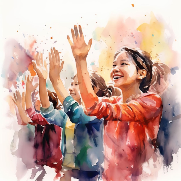 jeunes amis applaudissant dans le style de peinture aquarelle