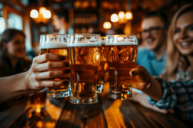 Des jeunes amis célèbrent l'heure du bonheur à la table du pub de la brasserie