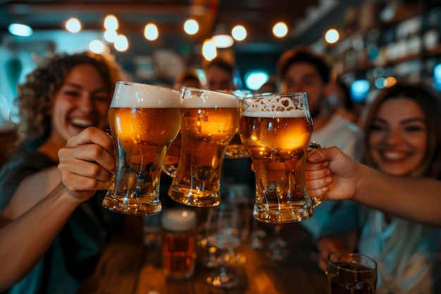 Des jeunes amis célèbrent l'heure du bonheur à la table du pub de la brasserie