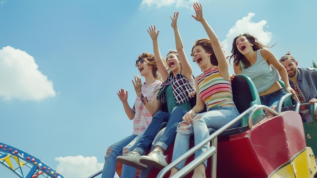 Des jeunes amis dans un parc d'attractions