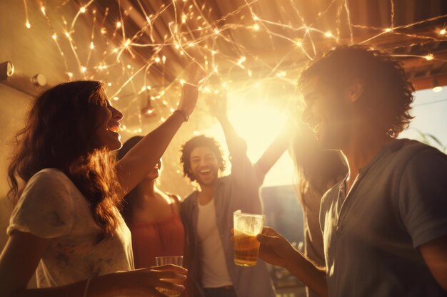 Photo des jeunes amis fêtent la fête sur un toit.