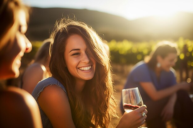 De jeunes amis heureux buvant du vin dans un pique-nique dans un vignoble situé dans la vallée de Napa, en Californie