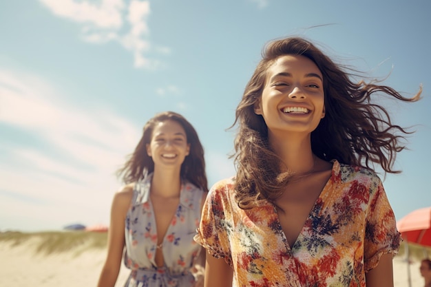 Jeunes amis marchant le long d’une plage en été