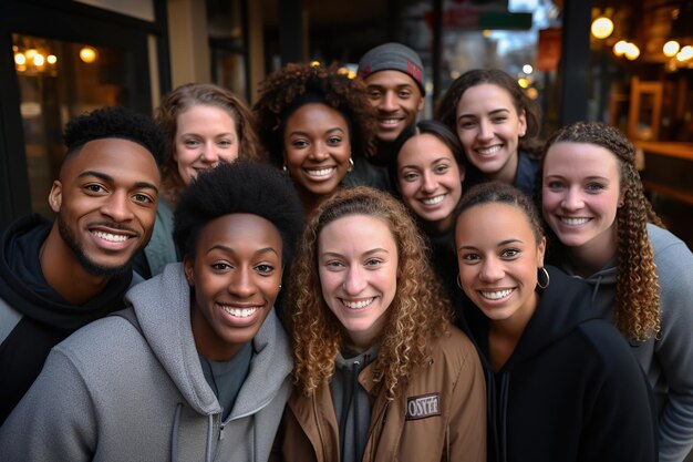 Jeunes amis multiethniques souriant à la caméra générée par l'IA