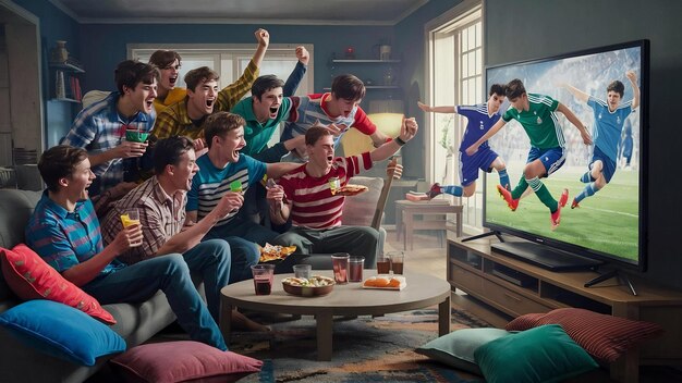 De jeunes amis qui applaudissent en regardant un match de football à la télévision.