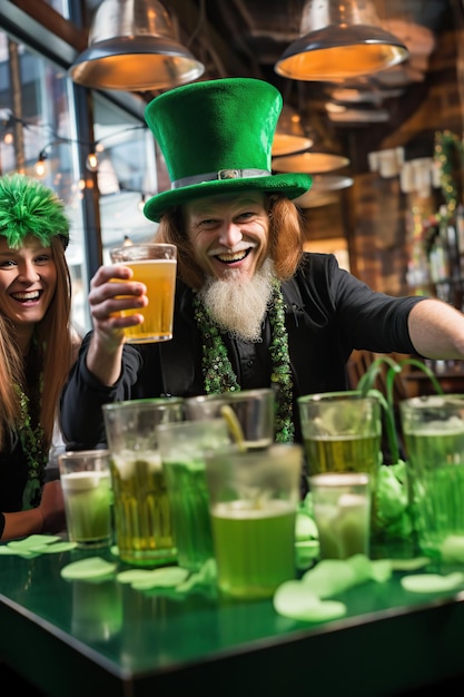 De jeunes amis qui rient ensemble le jour de la Saint-Patrick et qui tiennent des verres de bière à la table du pub.