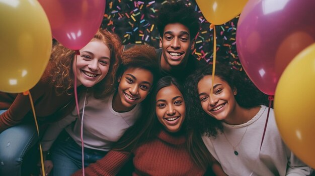 De jeunes amis regroupés pendant un jeu de fête d'anniversaire Vue d'en haut AI générative