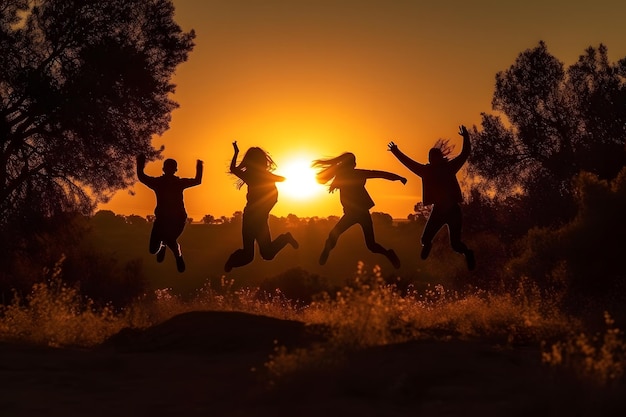 Jeunes amis sautant joyeusement sur fond de coucher de soleil Réseau de neurones généré par l'IA