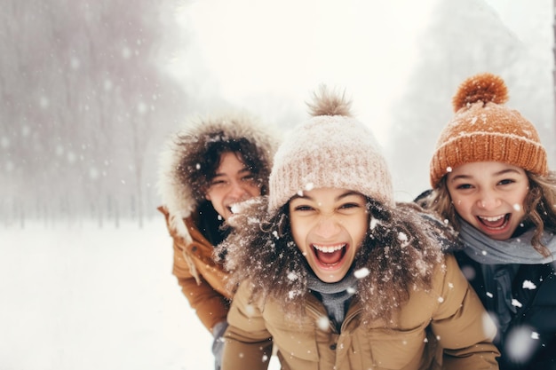 Des jeunes amis se promènent dans un parc enneigé d'hiver en vêtements de fin d'année et profitent d'un week-end de loisirs.