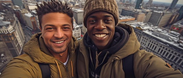 Photo des jeunes amis sont représentés dans un portrait contre une métropole animée vue d'en haut d'un paysage urbain animé