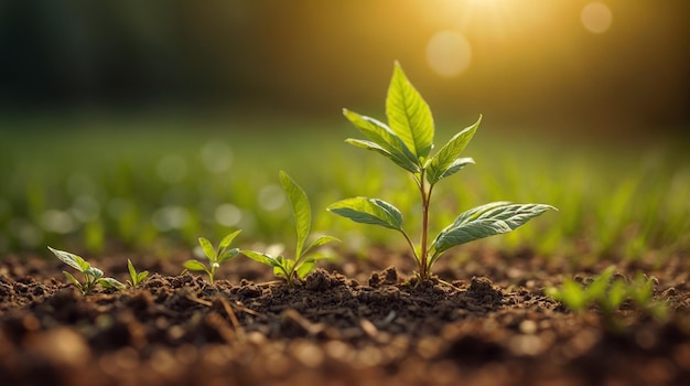 De jeunes arbres verts poussent du sol noir, le soleil brille et l'écologie est claire.