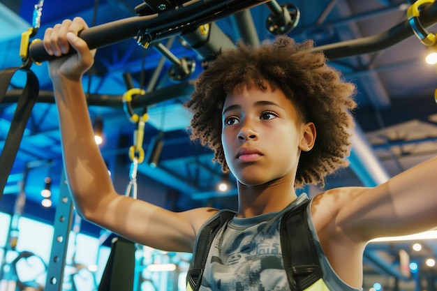 Jeunes athlètes s'entraînent. Un garçon afro-américain s'entraîne au gymnase.