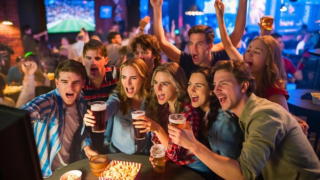 Des jeunes avec de la bière regardant du football dans un bar.