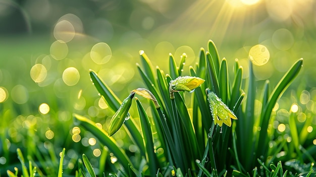 De jeunes bourgeons de narcisse couverts de gouttes d'eau