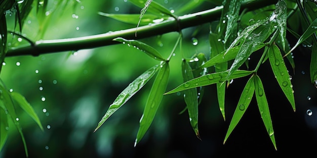 Photo jeunes branches de bambou sur les feuilles desquelles se trouvent de petites gouttes de pluie ia générative