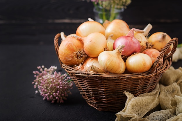 Jeunes bulbes d&#39;oignon frais et fleurs d&#39;oignon.