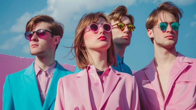 Les jeunes en costumes roses et lunettes de soleil