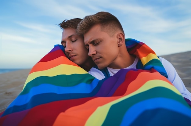 De jeunes couples gays se détendent sur la plage