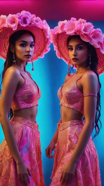 Jeunes danseuses avec d'énormes chapeaux floraux à la lumière du néon sur le mur en gradient