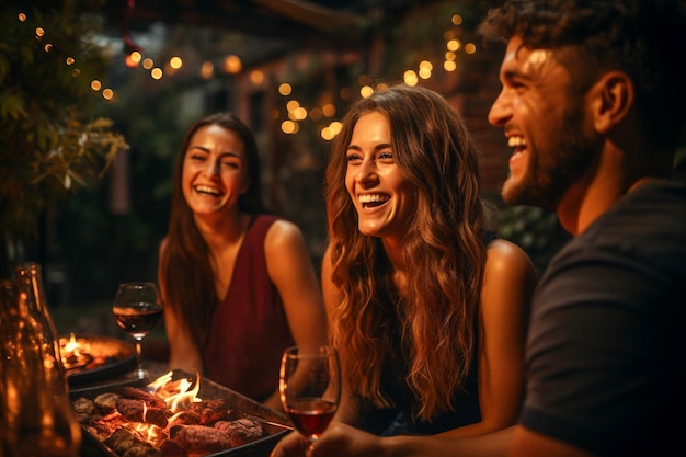 Les jeunes dînent et s'amusent à boire du vin ensemble sur le toit du balcon