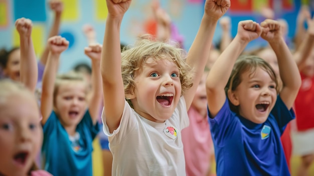 Des jeunes enfants célèbrent ensemble après avoir gagné dans une salle de sport préscolaire.