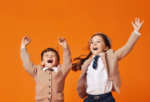 Des jeunes enfants heureux sautent dans les airs sur un fond coloré et lumineux.